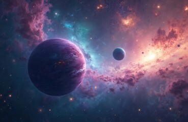 Aufkleber - Panorama space scene with planets, stars, nebulae and galaxies. Many light years away deep universe. Large-scale structure 3D render with starry fantasy outer solar clouds and plasma explosion.