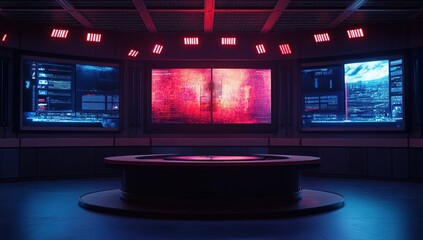 Poster - Futuristic Control Room with Glowing Pink and Blue Screens