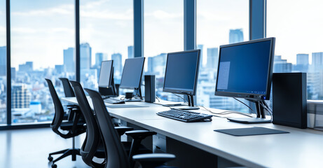 Poster - Modern office workspace with multiple computer monitors and city view