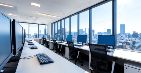 Poster - Modern office space with multiple computer workstations and city view