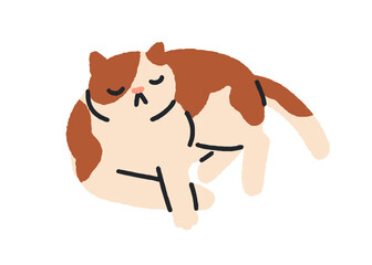 Poster - Cute sleeping cat. Adorable feline animal lying down asleep. Relaxing sleepy kitty, calm peaceful pet napping, dreaming with funny expression. Flat vector illustration isolated on white background