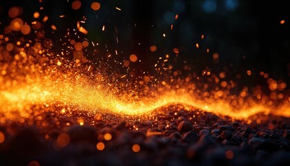 Poster - Long exposure shot of fire sparks blur into fiery motion. Capturing energy of campfire against black background. Sparks glitter on ground in night darkness. Fire flame design element.