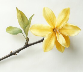 Poster - Elegant Yellow Flower with Green Leaf on Branch Against a Soft Background Showcasing Nature’s Beauty and Delicate Petals for Floral Designs