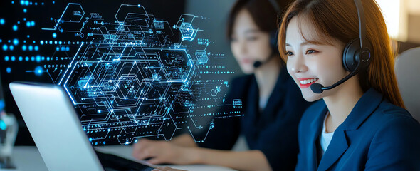 Poster - Call center staff working together, using technology for customer support, showcasing teamwork and communication skills in modern office environment