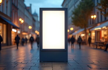 Aufkleber - Illuminated blank billboard on pedestrian street in old city center. Mockup advert panel. Space for commercial ads, marketing campaign. People walk on street with blurred background. Evening time.