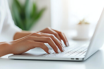 Poster - Close up photo of woman hands typing on laptop in bright environment, conveying focus and productivity. background features greenery, enhancing serene atmosphere