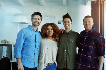 Aufkleber - Happy, diversity and group in business, hug and confident for teamwork in creative company or journalism. Portrait, embrace and colleagues with smile in office, ambitious and collaboration for people