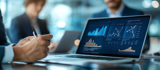 Poster - Business team discussing financial analytics and market trends using laptop. scene captures professional environment with data visualizations displayed screen, conveying sense of collaboration and