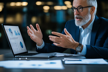 Poster - Business professional discussing data analysis during meeting, showcasing graphs on laptop. Engaging conversation with visual aids enhances understanding