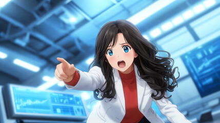 Poster - young woman with long black hair and blue eyes passionately points in modern laboratory setting, showcasing determination and urgency