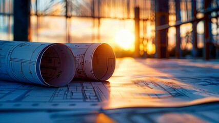 Poster - Architecture blueprints with rolled up papers on construction site