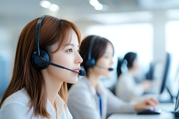 Poster - Customer service representatives working in modern office environment, focused on their tasks while wearing headsets. atmosphere is professional and collaborative