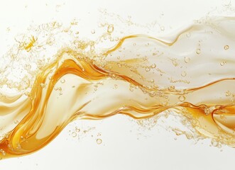 Poster - Fluid motion of golden liquid with bubbles and waves captured on a white background in a high-definition quality image for creative projects and designs.