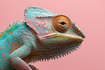 Poster - Colorful chameleon with textured skin against pink background