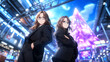© Tondone - Anime style illustration of two women in suits, standing confidently in futuristic cityscape with glowing pyramid in background