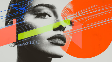 Aufkleber - futuristic portrait of woman with abstract geometric elements and vibrant colors