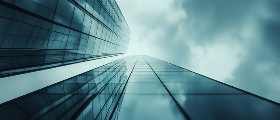Poster - Low angle shot of modern office building with reflective glass facade