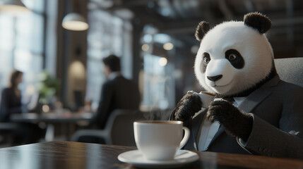 Poster - panda in formal suit enjoys cup of coffee in modern office setting