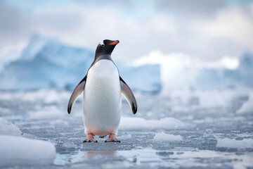 Poster - Penguin standing on icy terrain with snowy backdrop, showcasing winter beauty