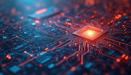Leinwandbilder - Hi-tech abstract background CPU microchip with glowing circuits. Electronic motherboard demonstrates digital technology innovation, cybersecurity, big data. Orange, blue colors for science,
