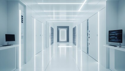 Poster - Futuristic White Corridor with Servers and Computer Monitors