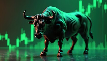 Poster - bull figure stands before stock chart bullish market, optimistic investor view. financial investment