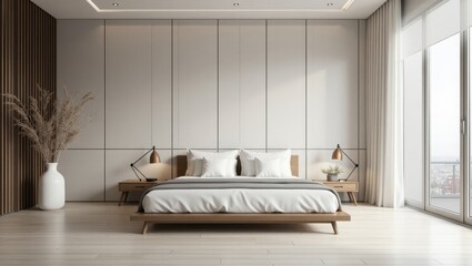 Poster - Wall Panelling. Bed is made with white comforter and pillows
