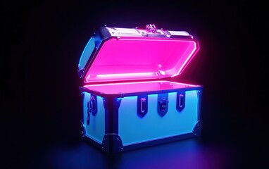 Poster - Open Pixel Art Treasure Chest Glowing Pink and Blue Neon Lights