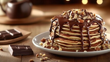 Poster - Indulgent stack of pancakes topped with rich chocolate and nuts at a cozy breakfast setting. Generative AI