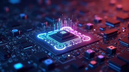 Poster - Ai Game Generator. Cpu board is illuminated with neon lights and circuit board