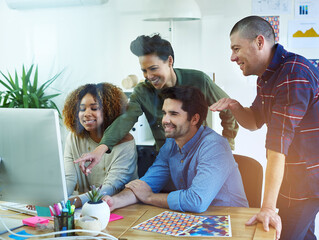 Aufkleber - Computer, pointing and smile with business people in office for planning or project management. Collaboration, creative and web design with employee group in workplace together for discussion