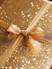 Aufkleber - Elegant gold gift box with sparkling surface and delicate ribbon detail textured for celebration moments. Generative AI