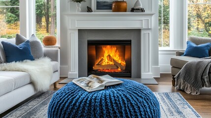 Poster - Cozy living room with fireplace, blue ottoman, and comfy seating.