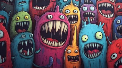 Wall Mural - Crowd of colorful, toothy monsters with various expressions.