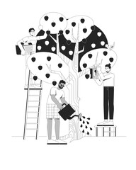 Fototapete - Community apple harvest outline illustration. Watering tree, installing birdhouse. Diverse people picking fruits from appletree 2D line characters isolated on white. Monochrome vector ink linear image