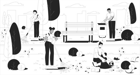 Fototapete - Public park cleanup volunteers line illustration. Community service. Removal litter. Diverse people picking up trash and raking leaves 2D ink linear characters monochrome. Flat outline vector image