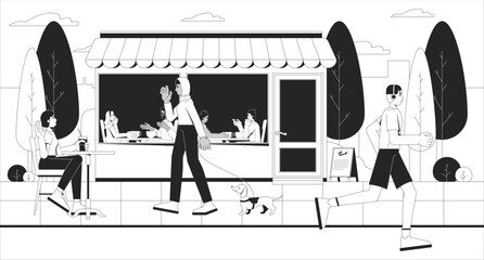 Fototapete - Lively street scene with cozy cafe outdoors line illustration. Diverse people socializing, drinking coffee, walking dog, jogging 2D ink linear characters monochrome. Flat outline vector image