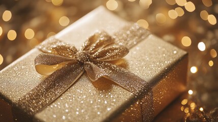 Poster - Golden gift box wrapped in shimmering ribbon with sparkling lights in the background during a festive celebration. Generative AI