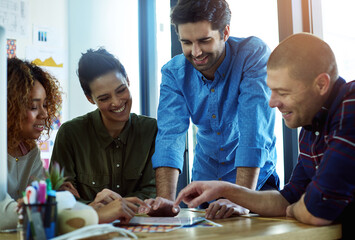 Poster - Design, smile and tablet with business people in office together for software development. Creative, planning and strategy with happy designer employee group in workplace for discussion or meeting