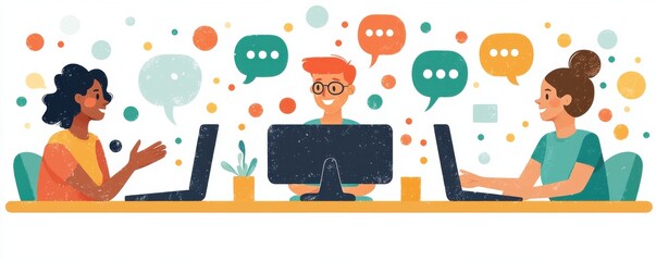 Poster - Illustration of three individuals collaborating and working on a shared project