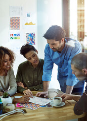 Aufkleber - Design, smile and tablet with business team in office together for software development. Collaboration, planning and strategy with happy employee group in creative workplace for discussion or meeting
