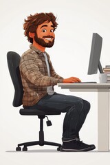 Poster - Smiling man working at computer desk in casual attire