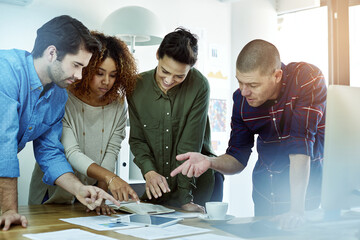 Poster - Collaboration, smile and talking with designer people in office together for software development. Conversation, creative and planning with happy employee group in workplace for discussion or meeting