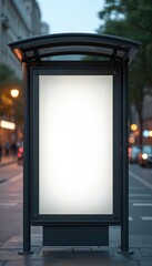 Poster - Empty city bus stop billboard with space for mockup information. Blank advertising screen along street with buildings. White commercial poster template on roadside. Urban public way branding, shop