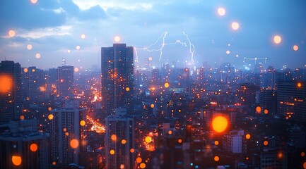 Poster - Night City Lightscape: Vibrant Orange and Blue Bokeh Cityscape