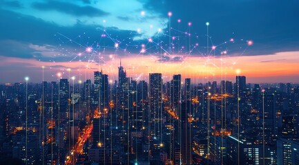 Poster - Night City Skyline with Illuminated Network Connections