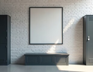 Aufkleber - Blank poster frame on white brick wall in empty gym locker room with bench, lockers. Template background perfect for advertising. Modern minimalistic design. Sunlight from window illuminates interior.