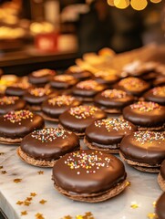 Aufkleber - Delicious chocolate treats decorated with colorful sprinkles at a festive market in late afternoon. Generative AI