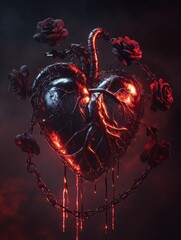 Aufkleber - Heart entwined with chains and roses emanates a dark, fiery aura in an artistic representation of love and pain. Generative AI