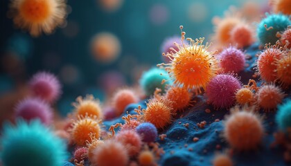 Poster - Microscopic magnification of bacteria diversity. Multi-colored microorganism strain for medical healthcare, prokaryotic cells. Dangerous pathogen background for disease research, pandemic prevention,